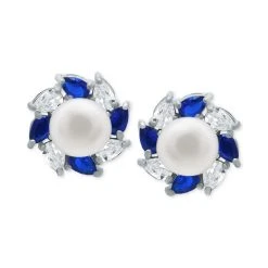 Best deal 🧨 Giani Bernini Freshwater Pearl (5mm), Lab-Created Blue Sapphire (1/3 Ct. T.w.), & Cubic Zirconia Halo Stud Earrings In Sterling Silver, Created For Macy's ✔️