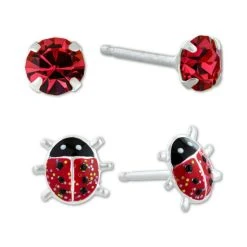Best Sale 👏 Giani Bernini 2-Pc. Set Crystal Solitaire & Enamel Ladybug Stud Earrings In Sterling Silver, Created For Macy's Multi ✨