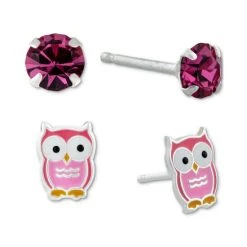 Best Pirce ⭐ Giani Bernini 2-Pc. Set Crystal Solitaire & Enamel Owl Stud Earrings In Sterling Silver, Created For Macy's Pink/white 🤩